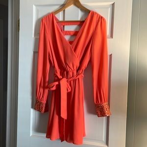 Arden B Coral dress with beaded cuffs